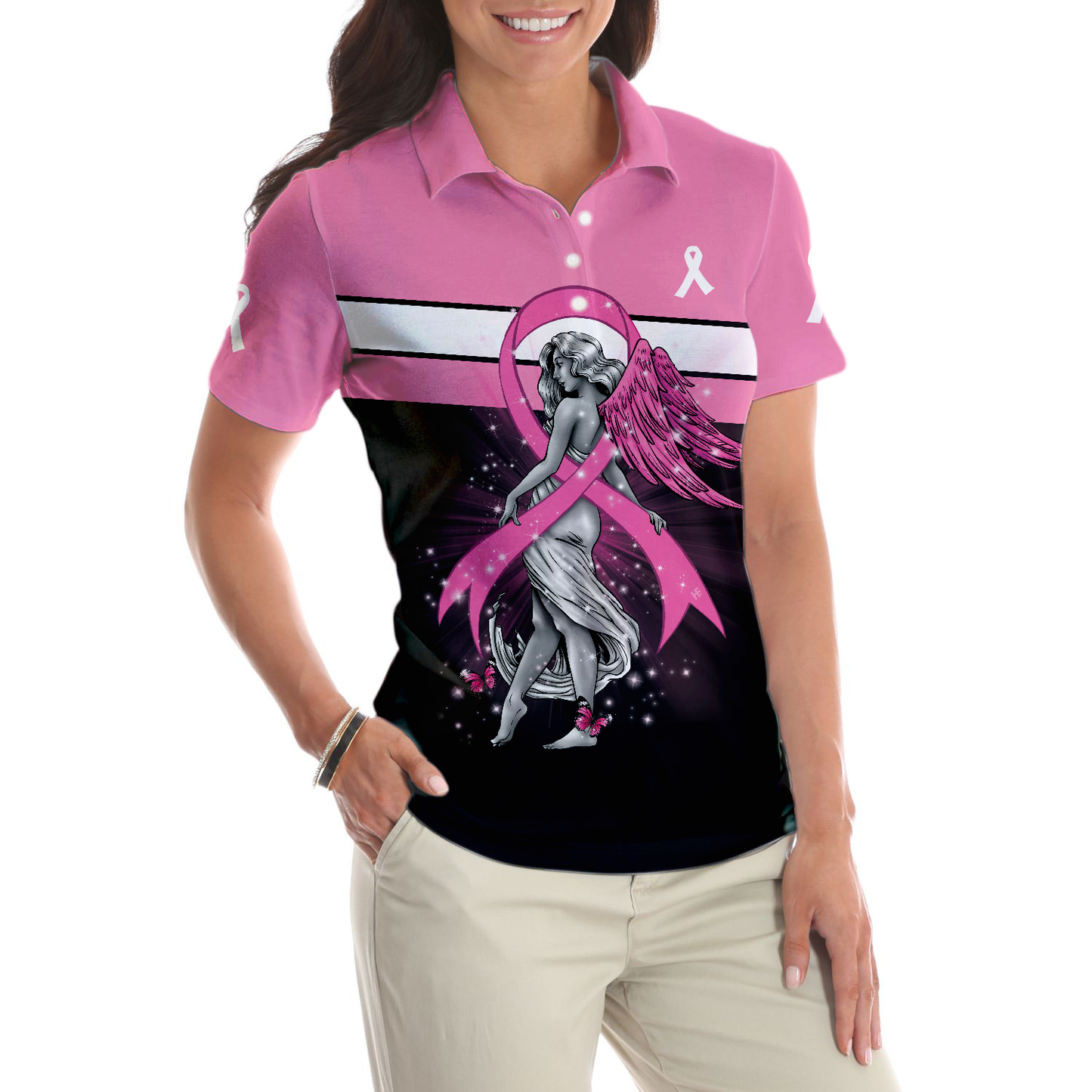 Breast Cancer Angel Breast Cancer Awareness, Short Sleeve Women Polo Shirt, Pink Shirt Best Gift For Women, Gift For Ladies