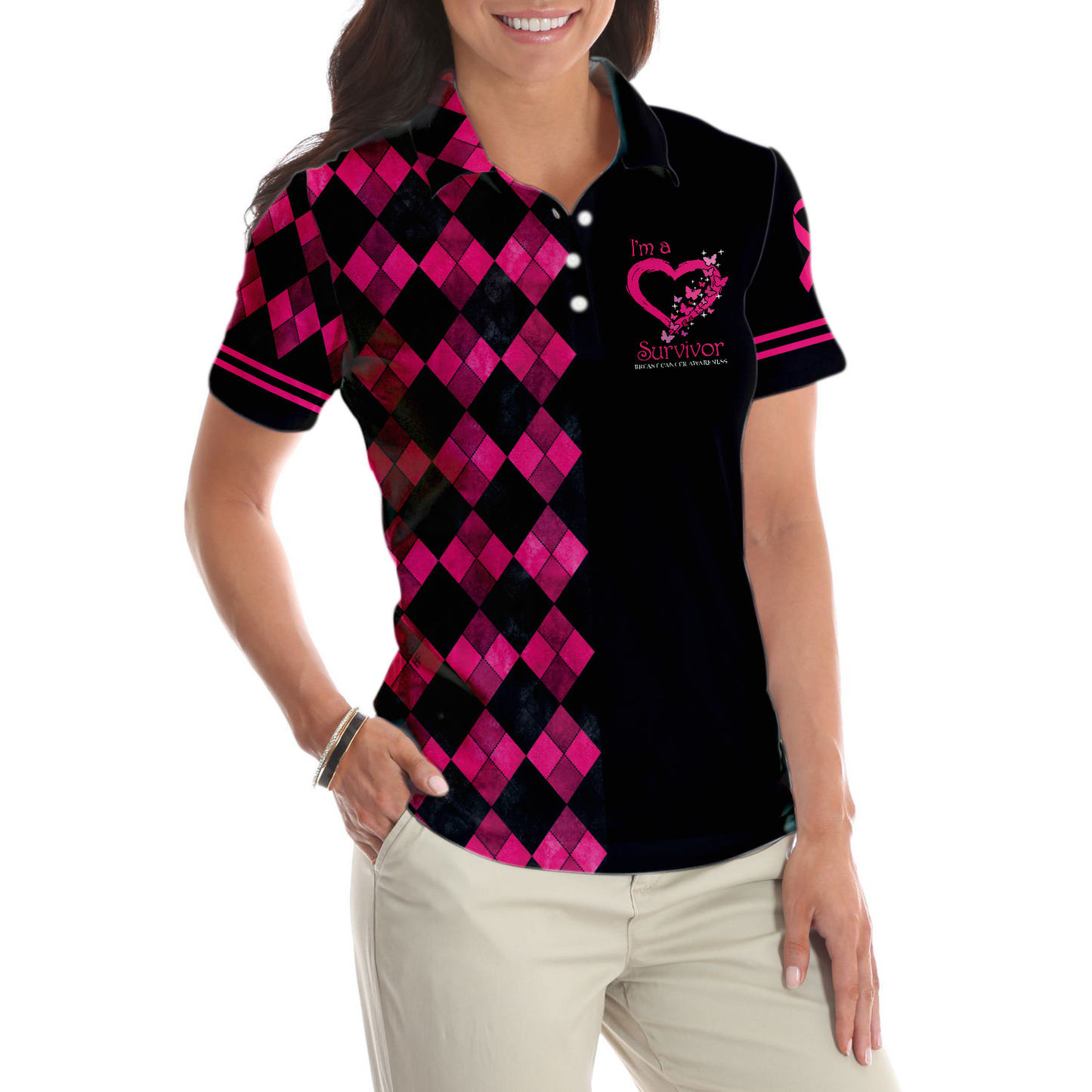 Breast Cancer Women Polo Shirt, I'm A Survivor Breast Cancer Awareness Short Sleeve Women Polo Shirt, Black And Pink Argyle Pattern Shirt