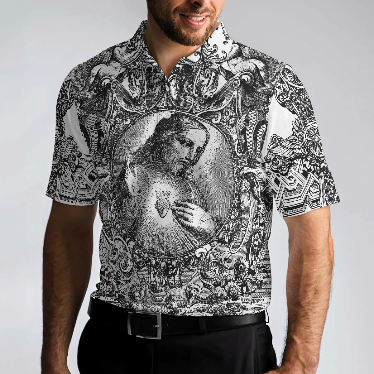 Jesus Christ Vintage Sketch Art Christian Men Polo Shirt, Black And White Christian Shirt For Men