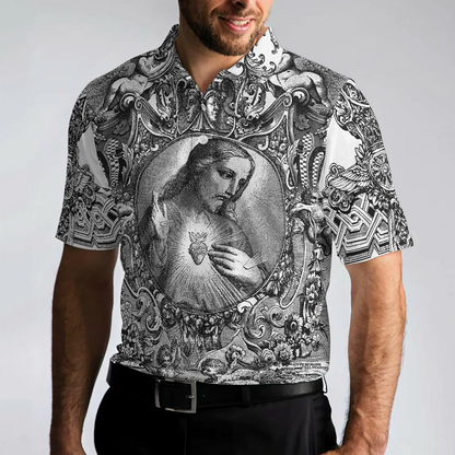 Jesus Christ Vintage Sketch Art Christian Men Polo Shirt, Black And White Christian Shirt For Men