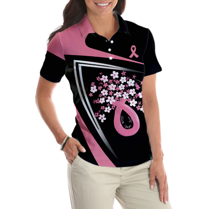 Flowers Faith Hope Love Pink Breast Cancer Awareness Short Sleeve Women Polo Shirt, Awareness Ribbon Polo Shirt For Ladies