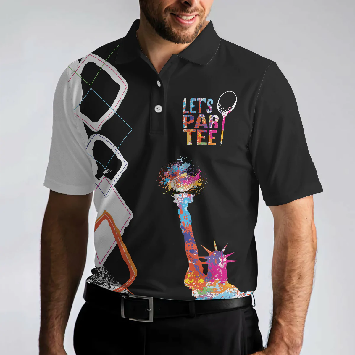 Colorful Lady Liberty Patriotic Men Polo Shirt, Let's Par Tee Golfer Polo Shirt, Black And White Argyle Pattern Golf Shirt For Male