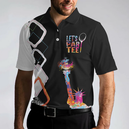 Colorful Lady Liberty Patriotic Men Polo Shirt, Let's Par Tee Golfer Polo Shirt, Black And White Argyle Pattern Golf Shirt For Male
