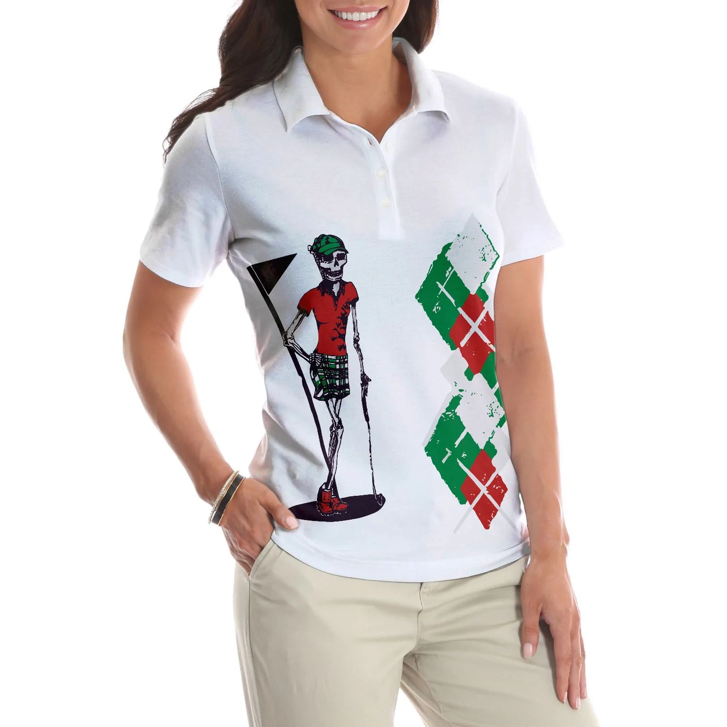 Red Green Argyle Pattern Skeleton Women Polo Shirt, Kiss My Putt Golf Short Sleeve Shirt, Gift For Golfers