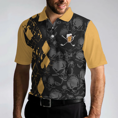 Skull Pattern Golf Drinking Men Polo Shirt, It Golf & Beer's Time Polo Shirt, Best Beer Golf Shirt For Male