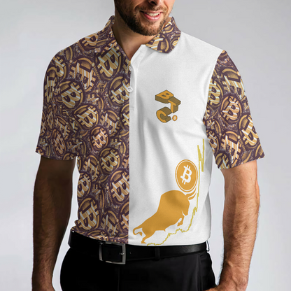 Golden Black Bitcoin Polo Shirt, White Bitcoin-Themed Polo Shirt, Best Shirt For Bitcoin Investors
