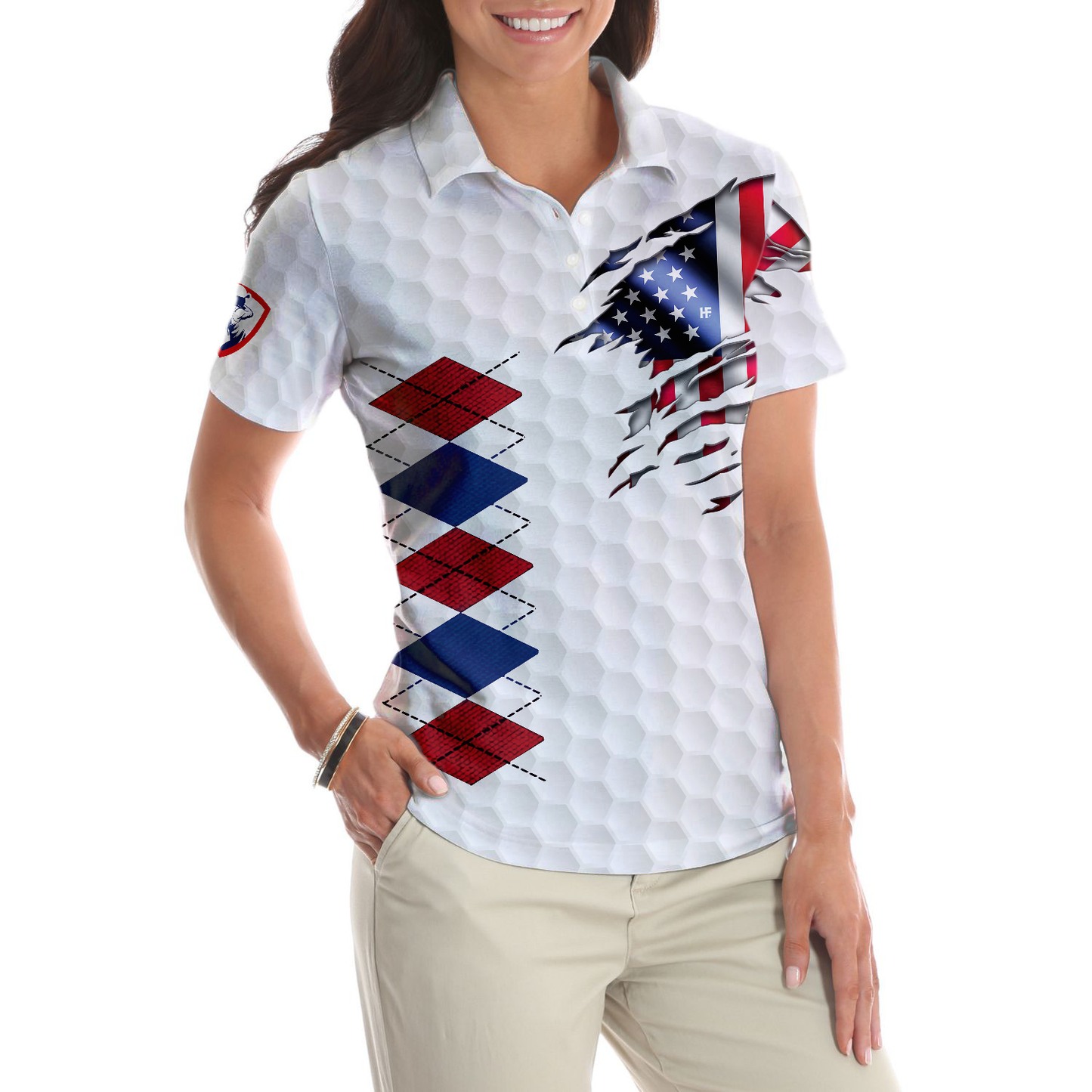 American Flag With Argyle Pattern Golf Short Sleeve Women Polo Shirt, Best Female Golf Gift Idea, Best Golfing Shirt Design For Patriotic Golfers