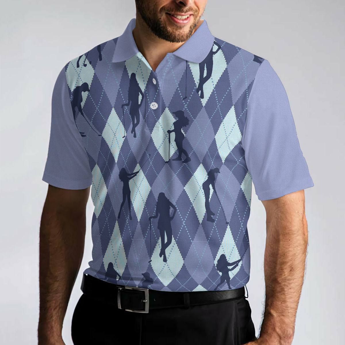 Vintage Blue Palatte Girl Golf Polo Shirt, Argyle Pattern Girl Golfer Silhouette Polo Shirt, Fun Golf Shirt - Perfect Gift For Men