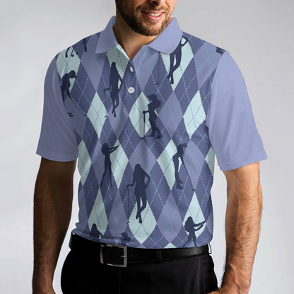 Vintage Blue Palatte Girl Golf Polo Shirt, Argyle Pattern Girl Golfer Silhouette Polo Shirt, Fun Golf Shirt - Perfect Gift For Men
