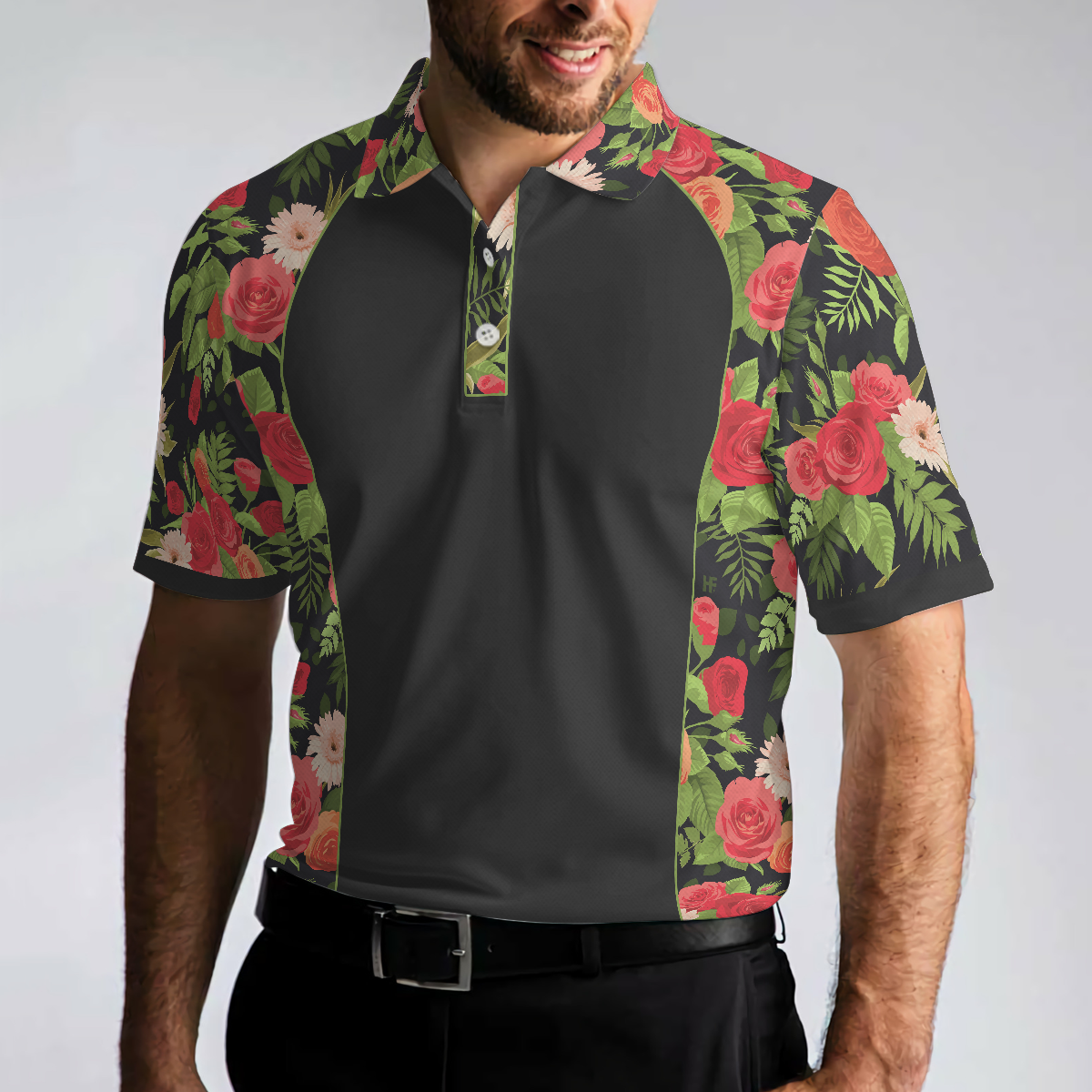 Tropical Roses Pattern Polo Shirt, Black Polo Shirt With Roses, Print Roses Pattern Shirt For Adults - Perfect Gift For Men