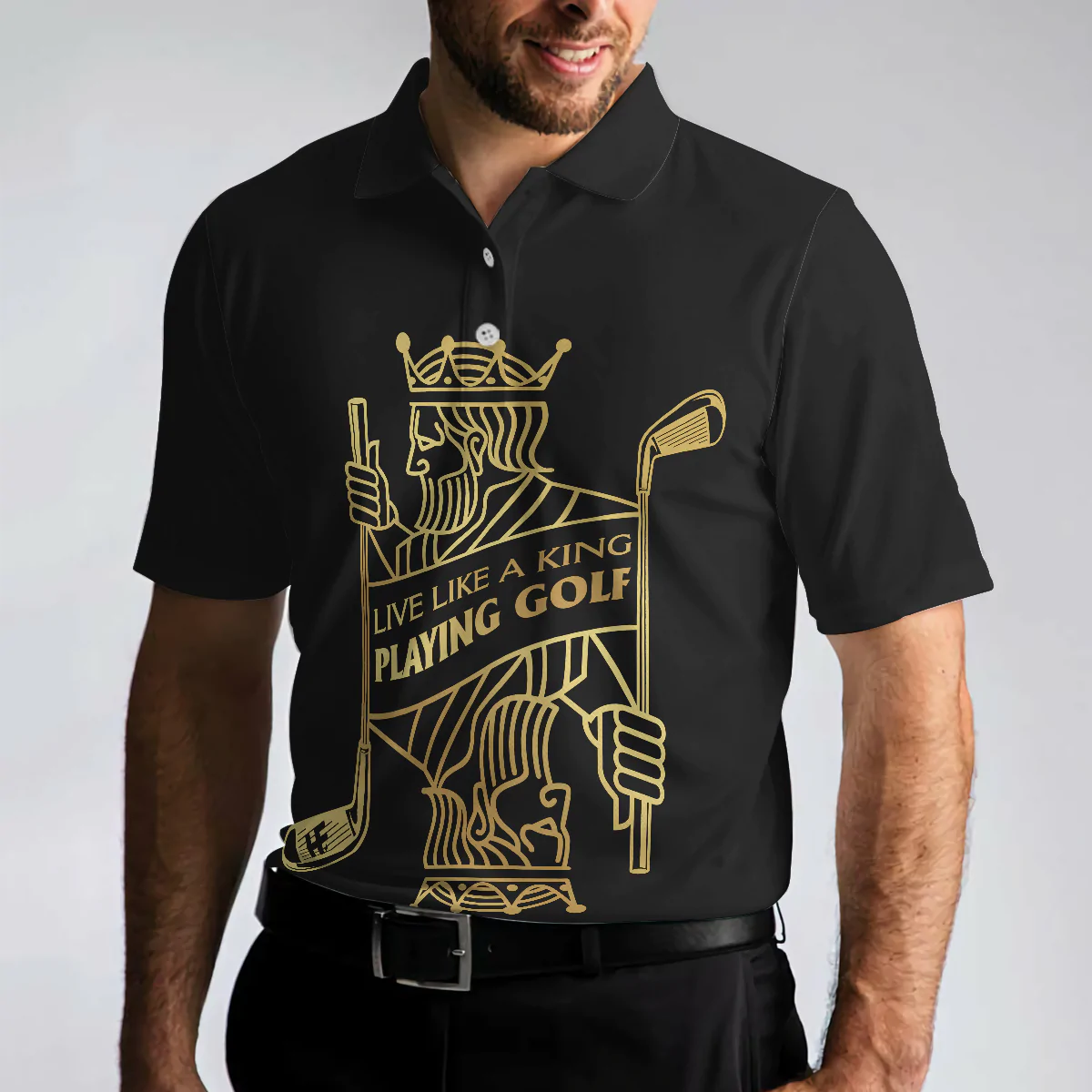 Live Like A King Playing Golf Black And Gold Polo Shirt, Luxury Playing Card Poker Polo Shirt, Best Golf Shirt For Men
