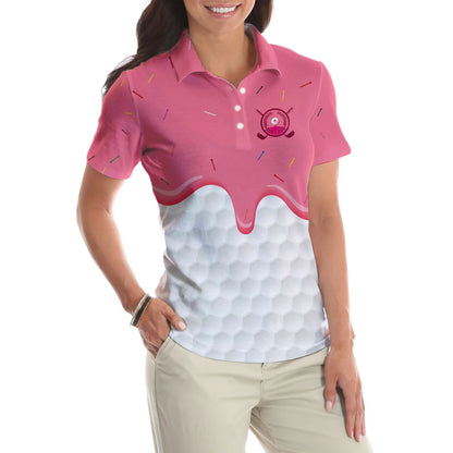 White And Pink Golf Women Polo Shirt, Ice Cream Melting On Golf Ball Cone Golf Short Sleeve Shirt For Ladies, Cool Gift For Female Golfers