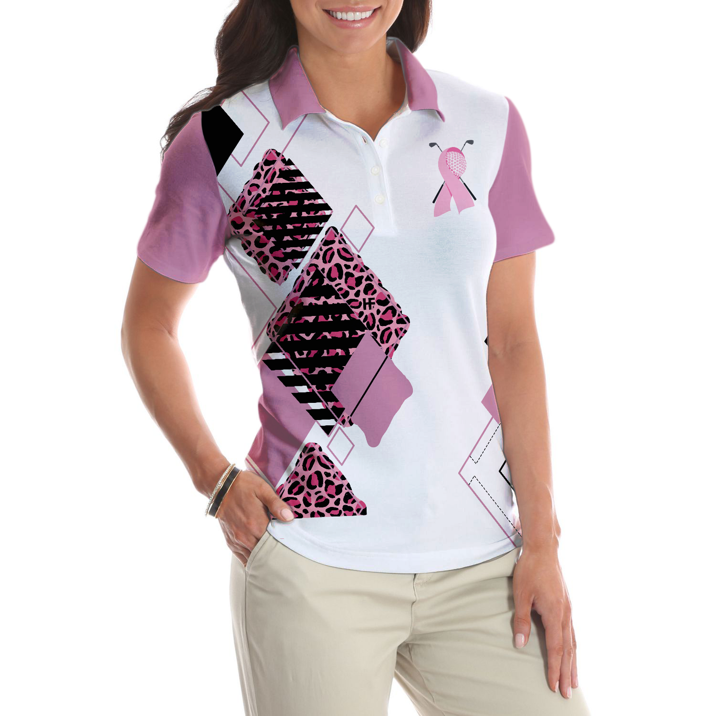 Golf Girl In October We Wear Pink Short Sleeve Women Polo Shirt, White And Pink Breast Cancer Awareness Shirt, Best Gift For Women Golfers