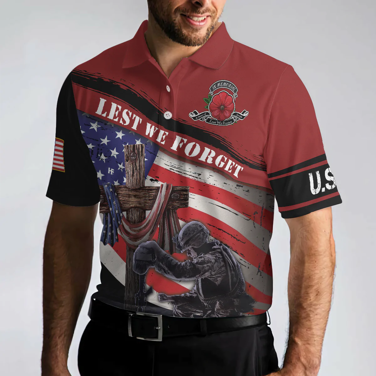 American Flag Wooden Cross Men Polo Shirt, Lest We Forget With USA Flag Polo Shirt For Male, Gift Idea For Veterans