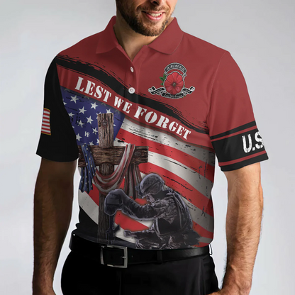 American Flag Wooden Cross Men Polo Shirt, Lest We Forget With USA Flag Polo Shirt For Male, Gift Idea For Veterans