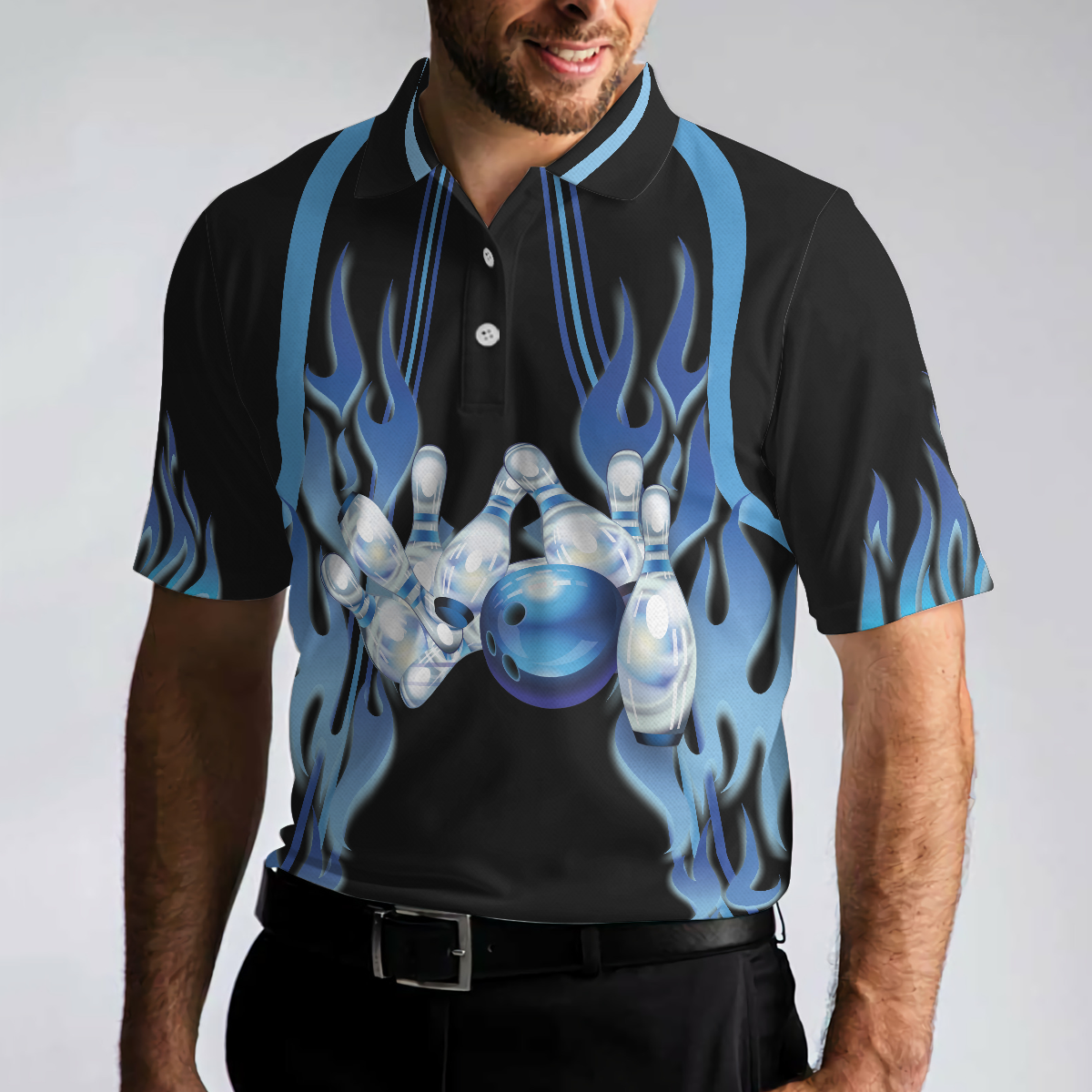 Too Much Head Said No One Ever Bowling Polo Shirt, Blue Flame Pattern Tenpin Bowling Shirt For Bowling Lovers - Perfect Gift For Men