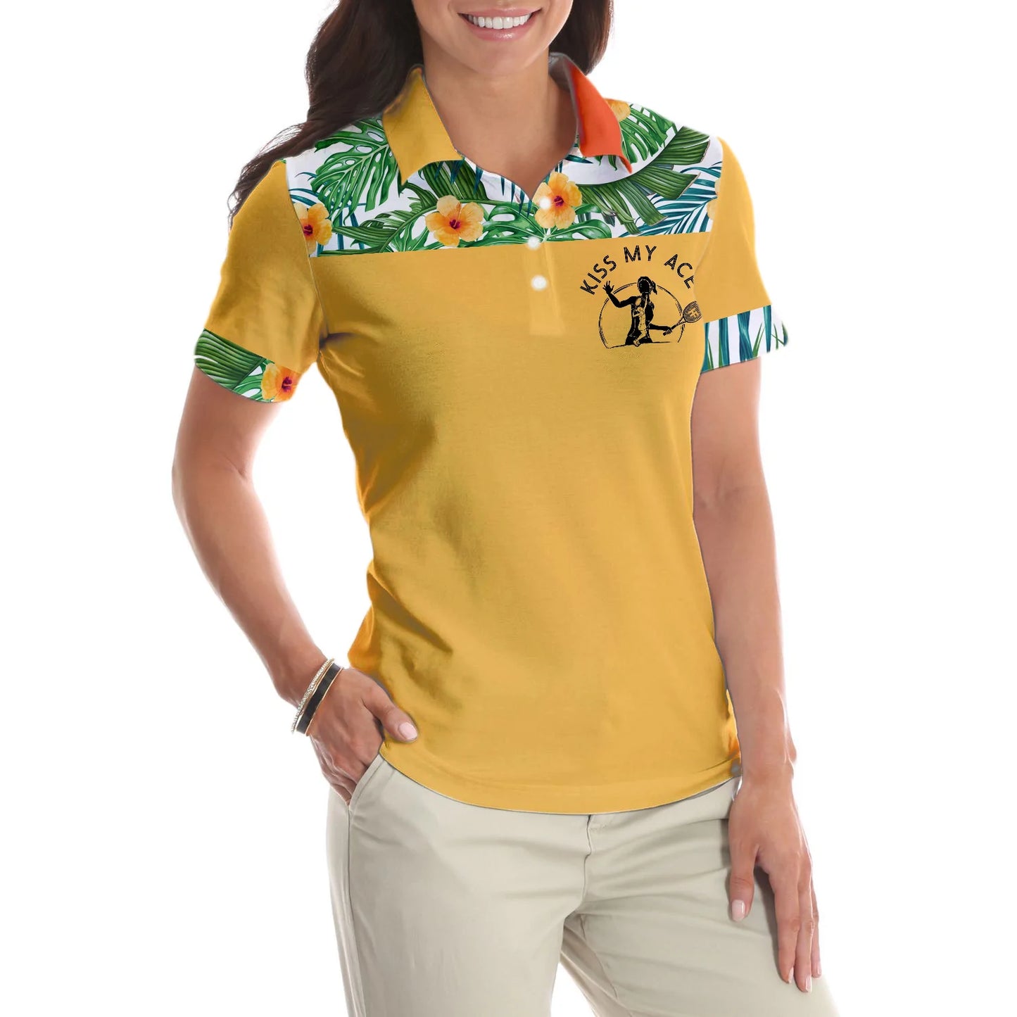 Tropical Pattern Tennis Women Polo Shirt, Kiss My Ace Floral Tennis Shirt For Female Short Sleeve