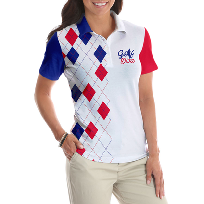 Golf Diva Short Sleeve Women Polo Shirt, Argyle Pattern Polo Shirt For Ladies, Best Golf Shirt For Women