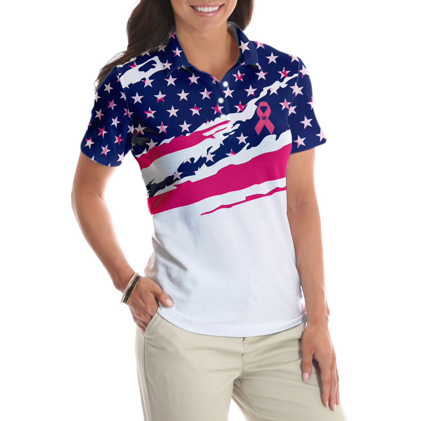 Fight Breast Cancer Awareness American Flag Short Sleeve Women Polo Shirt, Colorful Breast Cancer Awareness Month Shirt