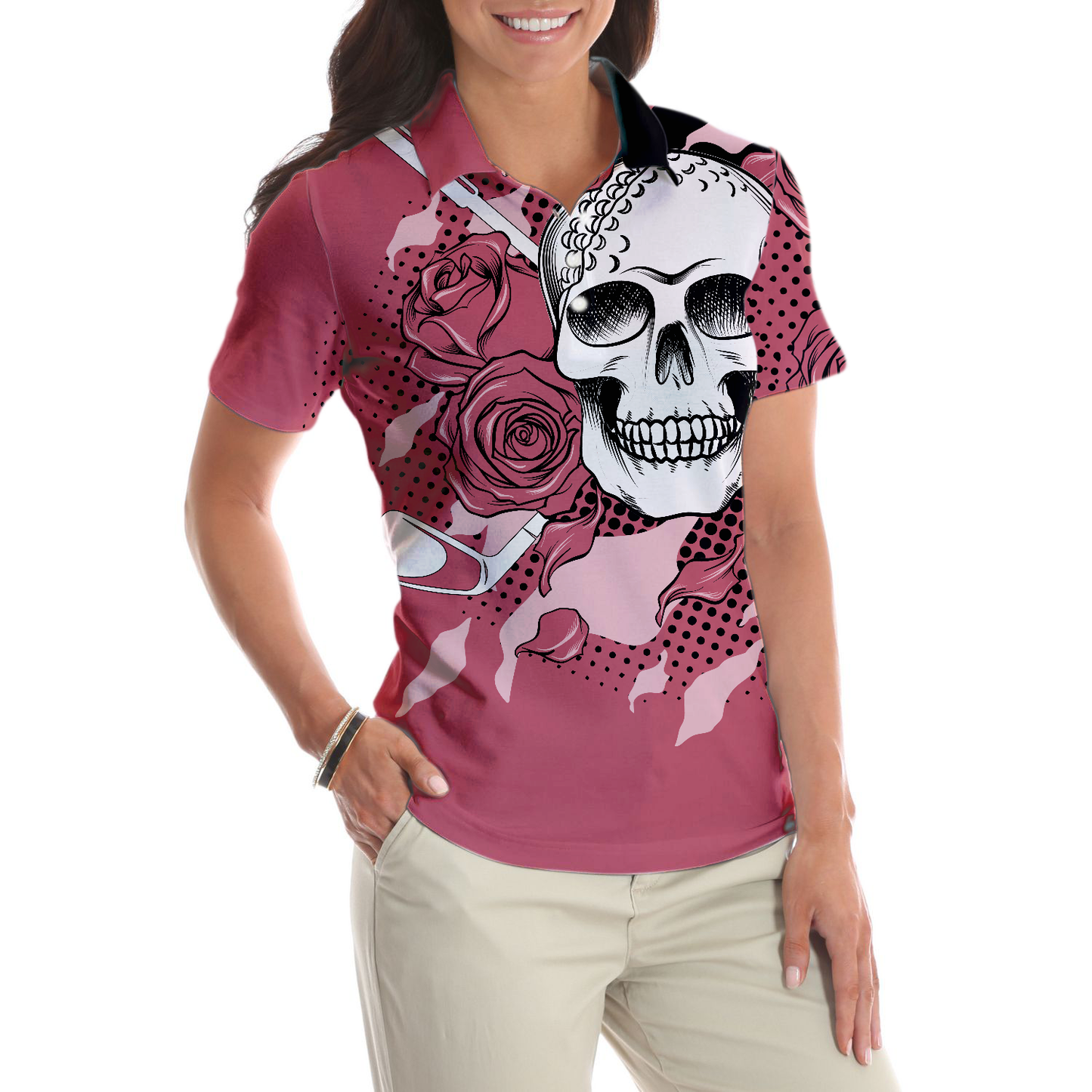 Golf Pink Skull Ladies Short Sleeve Women Polo Shirt, Rose Golf Shirt For Ladies, Cool Female Golf Gift