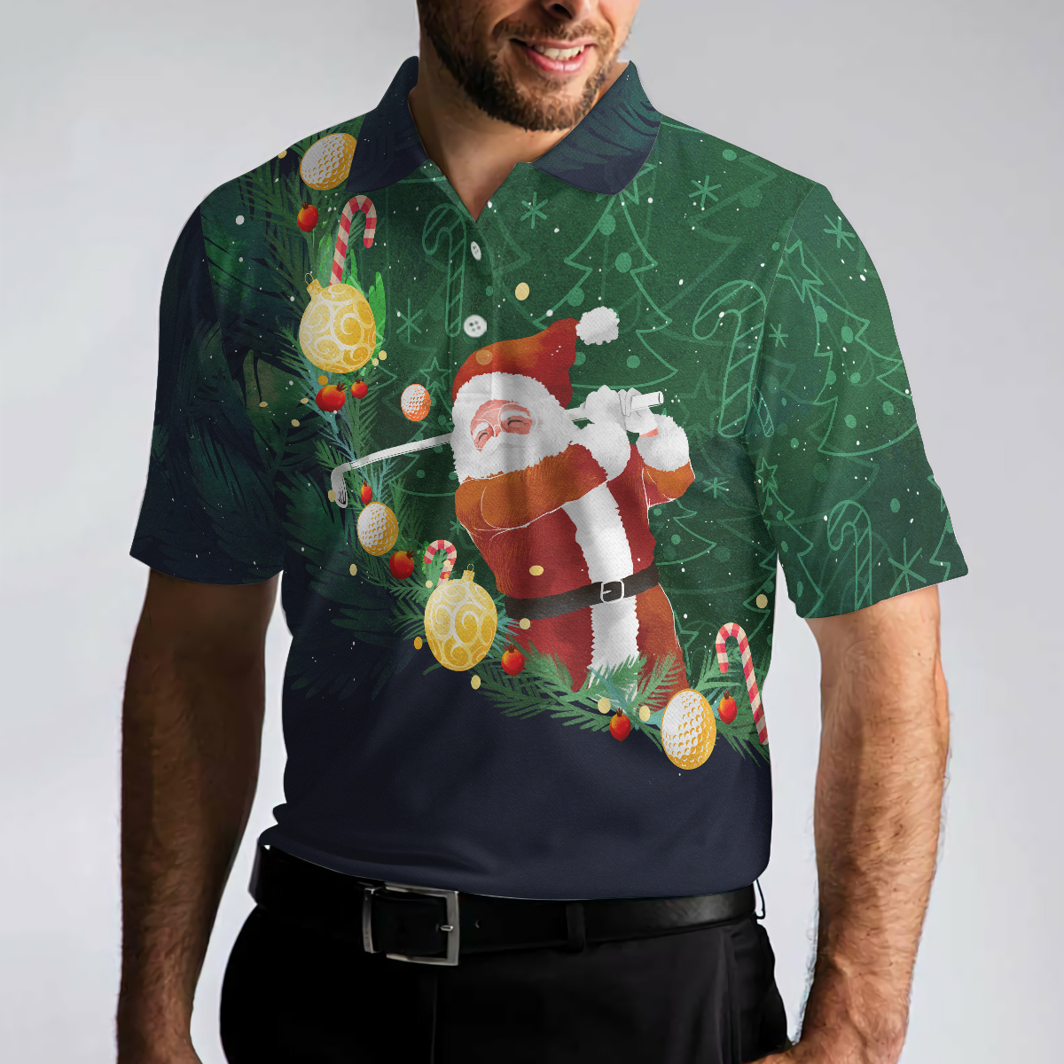 Christmas Golf Polo Shirts - Mens Golf Polo Shirts Short Sleeve- Santa Playing Golf Pattern Shirt - Christmas Shirt Idea Gift For Men - Best Gift For Golf Lovers