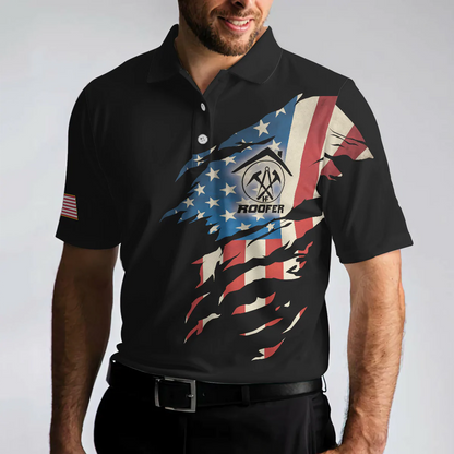 Skull Ripped American Flag Roofer Men Polo Shirt, Roofer My Craft Allows Me To Build Anything Shirt For Male