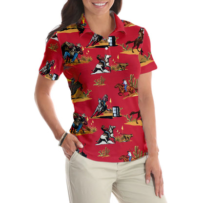 Rodeo Seamless Pattern Short Sleeve Women Polo Shirt, Red Texas Cowboy Polo Shirt, Rodeo Shirt For Female