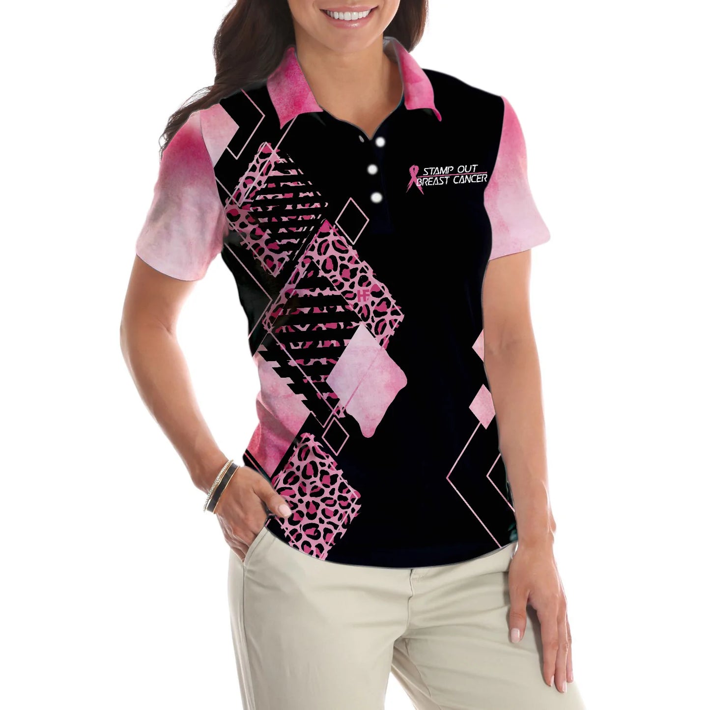 Leopard Argyle Pattern Golf Women Polo Shirt, Just Don't Quit Breast Cancer Awareness Short Sleeve Shirt, Pink Ribbon Polo Shirt For Ladies