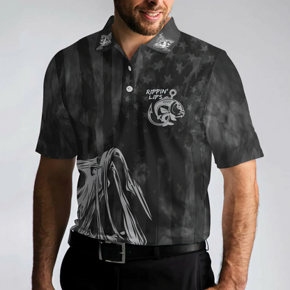 Black Fish Hook Men Polo Shirt, Rippin' Lips Skull Fish Skeleton Fishing Polo Shirt, Best Fishing Shirt For Male
