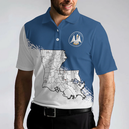 Men Polo Shirt - Louisiana State And Map Short Sleeve Polo Shirt - Cool Lousiana Flag Shirt For Men