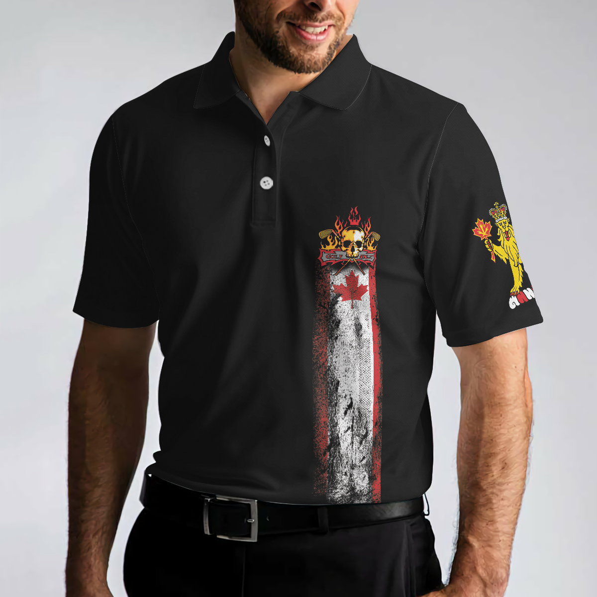 Golf Skull Canada Flag Short Sleeve Men Polo Shirt, Black Wet Paint Skull Polo Shirt, Canadian Golf Shirt For Men, Best Gift For Golfers