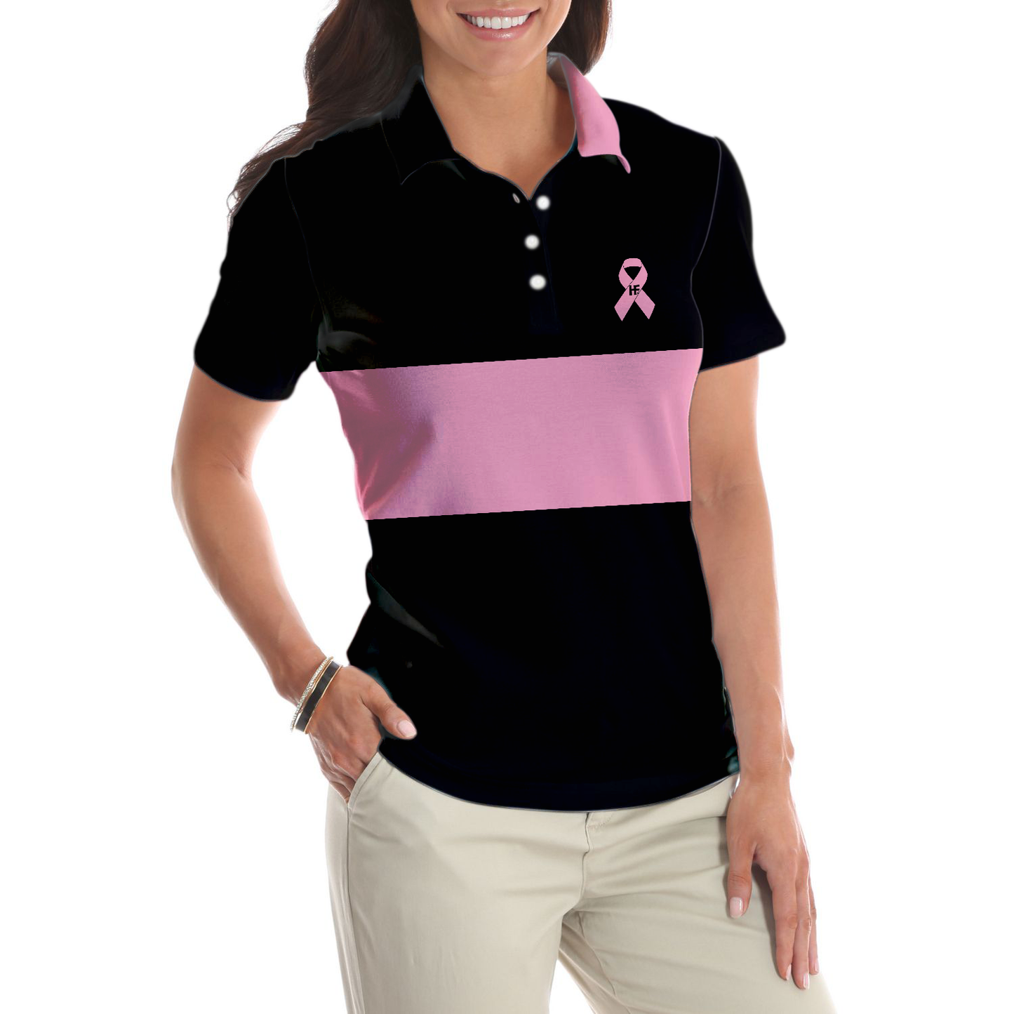 Breast Cancer Awareness Ribbon Short Sleeve Women Polo Shirt, Thoughtful Breast Cancer Survivor Shirt, Pink And Black Shirt For Ladies, Best Gift For Women