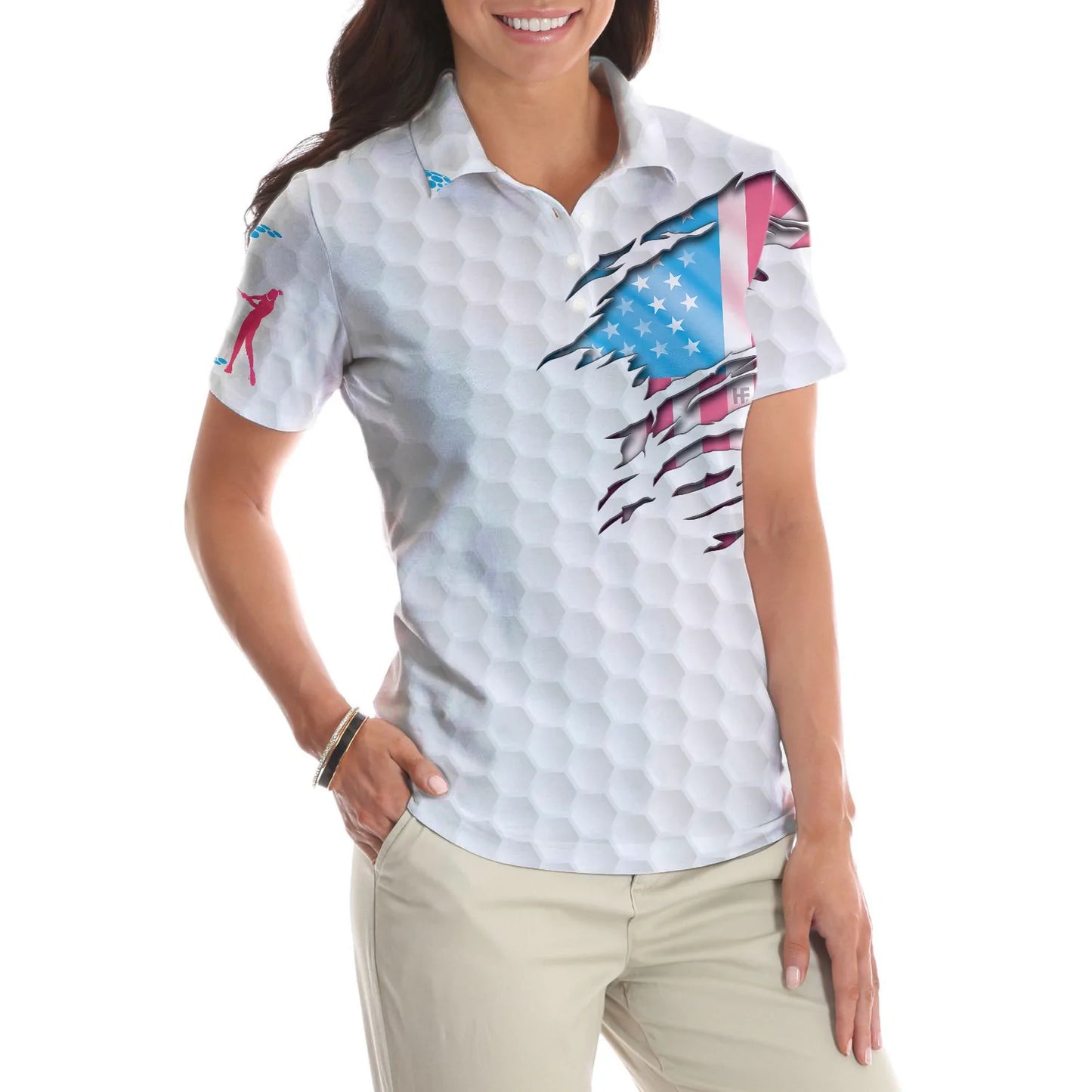 Golf Balls Pattern American Flag Women Polo Shirt, Just A Girl Who Loves Golf Short Sleeve Women Polo Shirt, Gift For Female Golfers