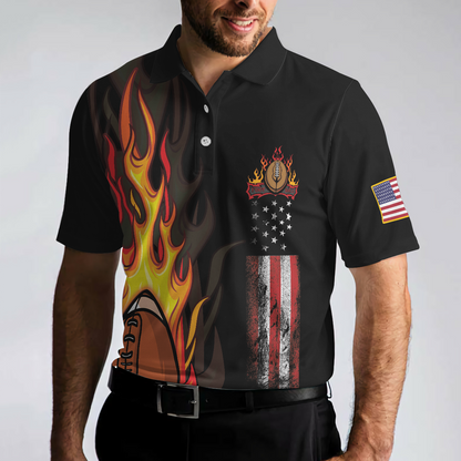 Flame American Football Black Men Polo Shirt, American Flag Football Polo Shirt, Best Football Shirt For Men