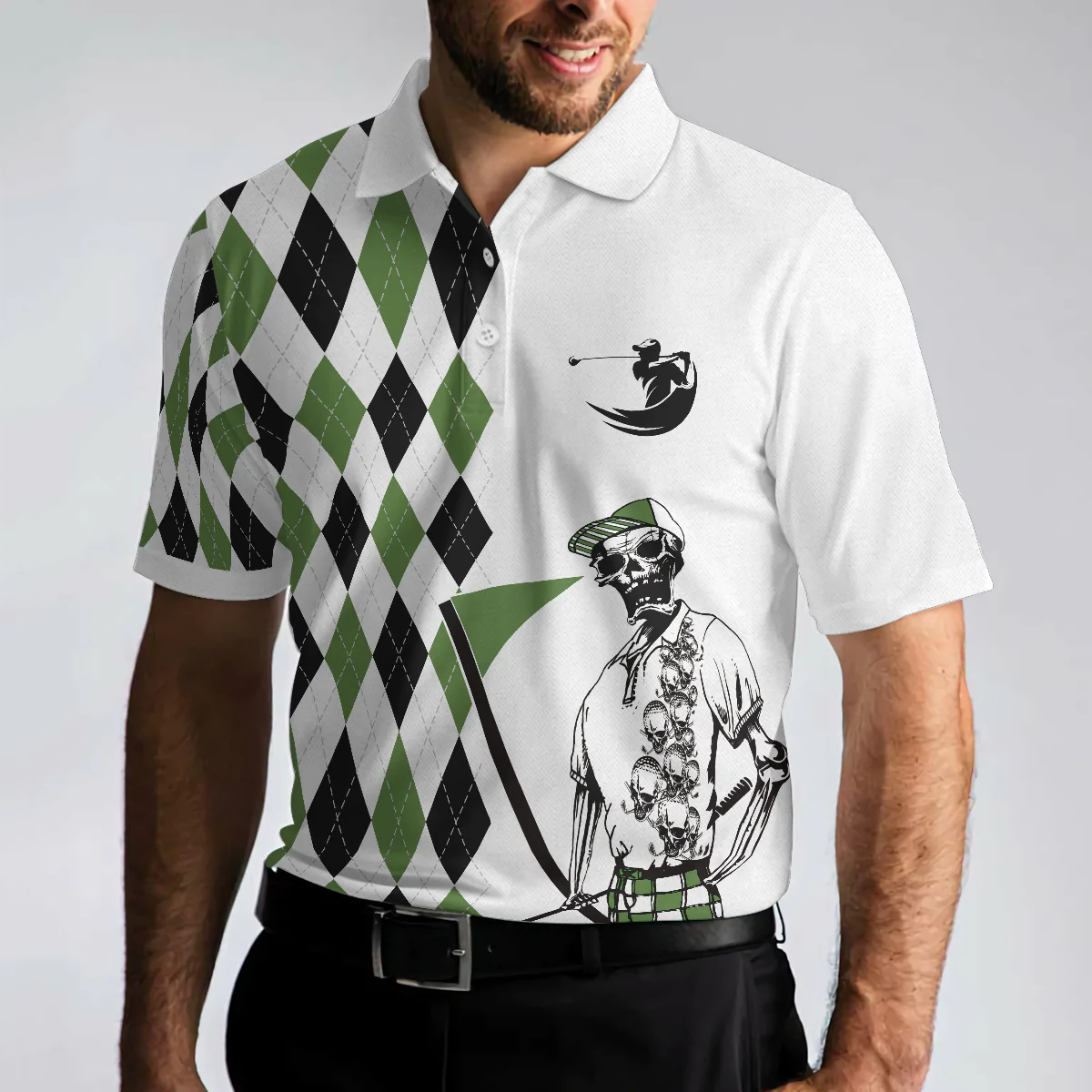 Black And Green Argyle Pattern Skeleton Golf Polo Shirt, I Was One Under Today Polo Shirt, Gift Idea For Male Players, Gift For Golfers