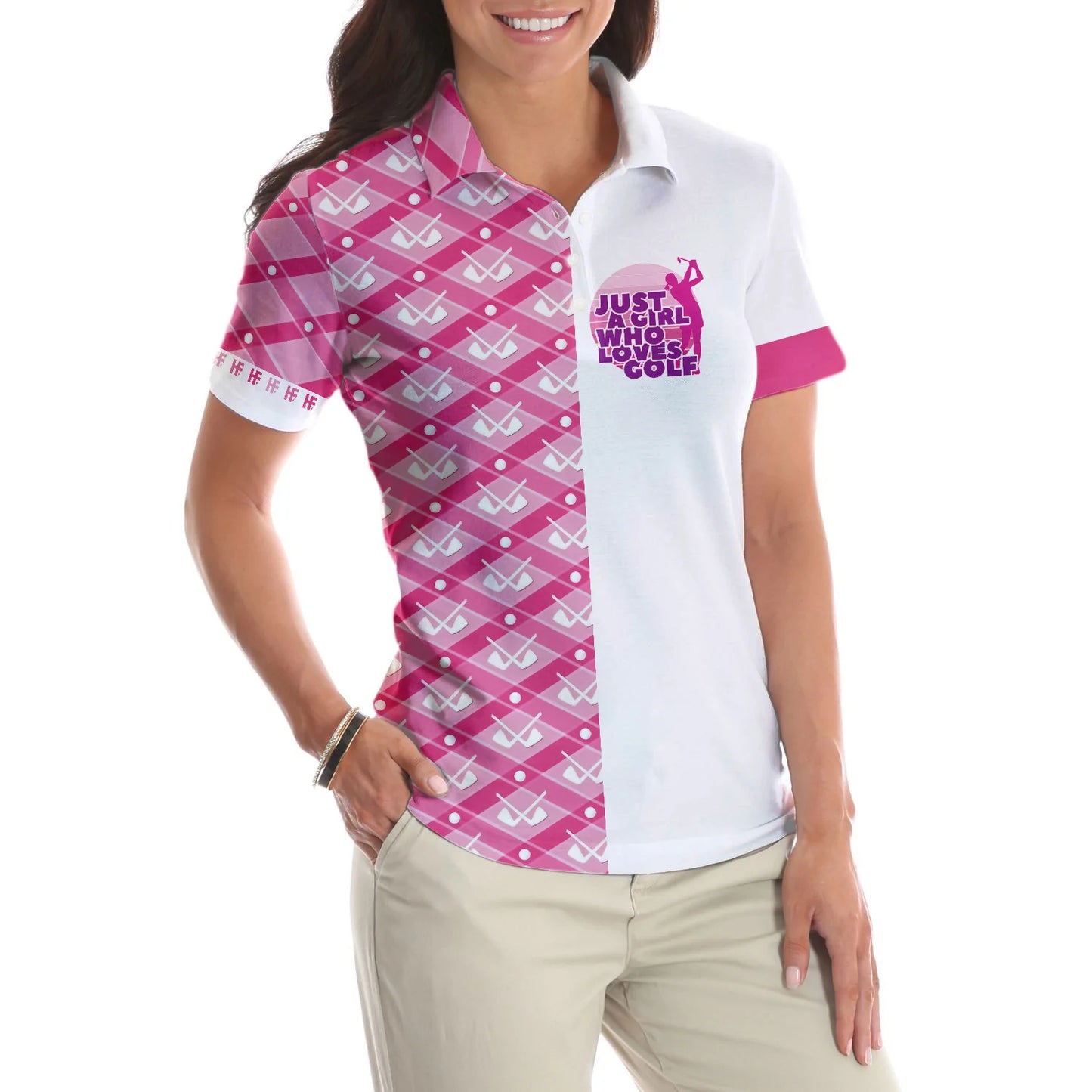 Pink Argyle Golf Clubs Pattern Women Polo Shirt, Just A Girl Who Loves Golf Short Sleeve Shirt, Gift For Female Golfers