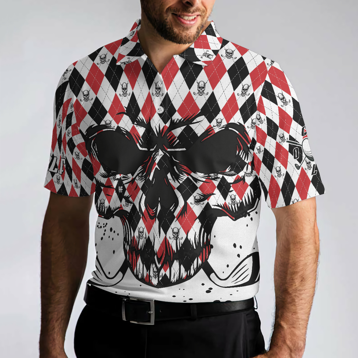 Golf Skull Red Black And White Pattern Polo Shirt, Argyle Pattern Polo Shirt, Best Golf Shirt For Men