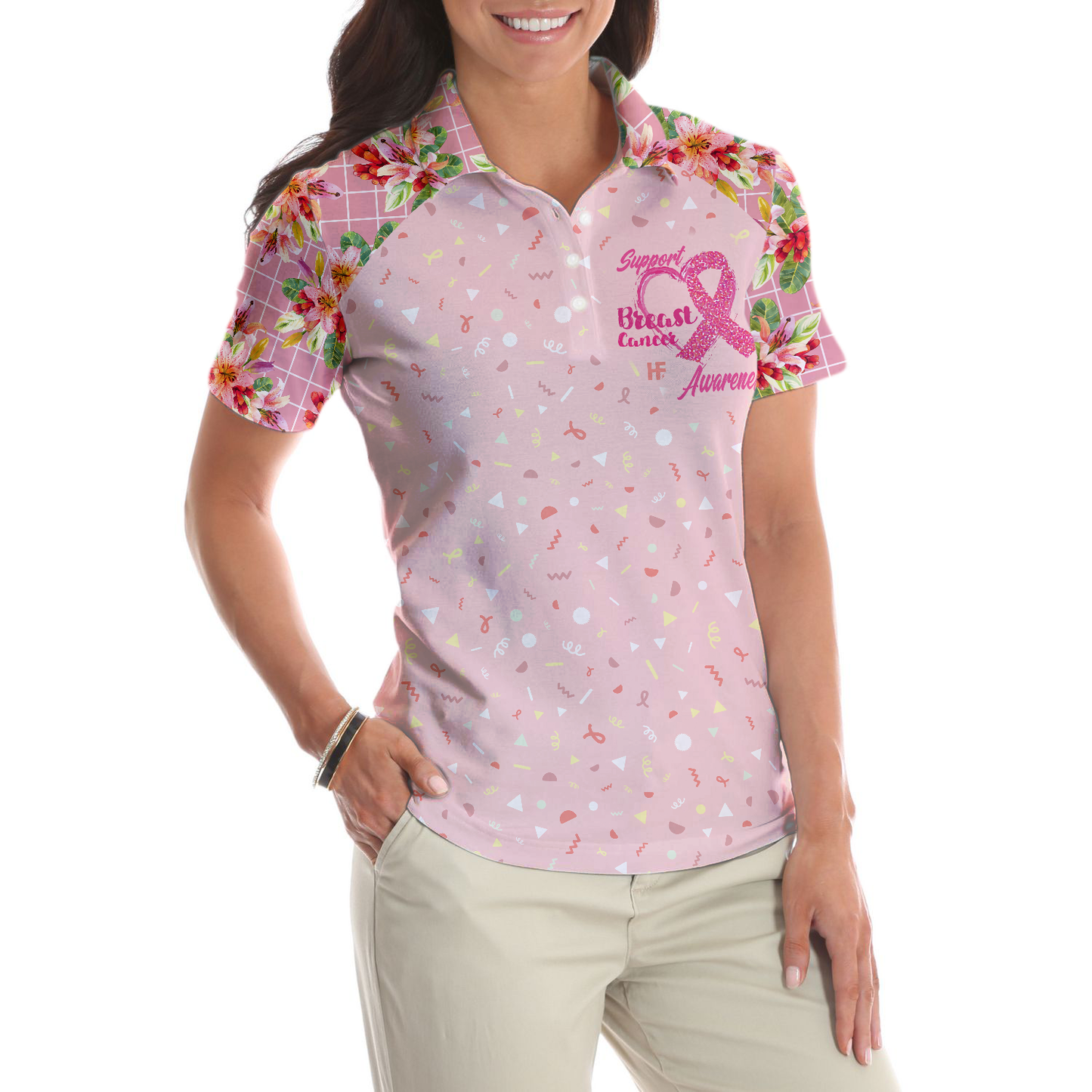 Colorful Flower Breast Cancer Awareness Women Polo Shirt, Fight Hope Love Breast Cancer Awareness Month Short Sleeve Shirt