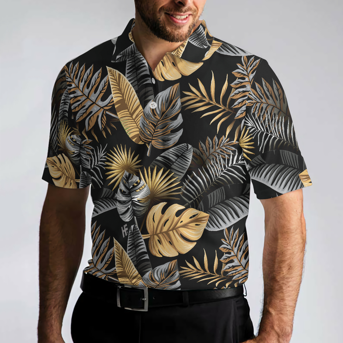Tropical Golden Palm Leaves Pattern Polo Shirt, Tropical Leaf Polo Shirt For Adults, Summer Vibe Shirt - Perfect Gift For Men