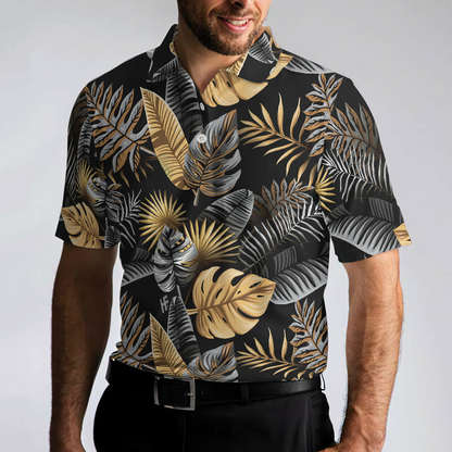 Tropical Golden Palm Leaves Pattern Polo Shirt, Tropical Leaf Polo Shirt For Adults, Summer Vibe Shirt - Perfect Gift For Men