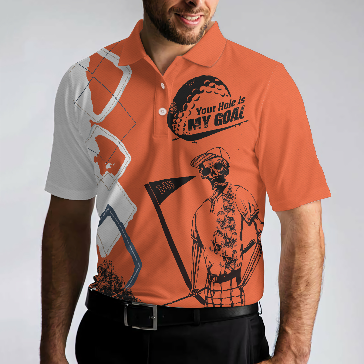 Your Hole Is My Goal Golf Polo Shirt, Orange Argyle Pattern Skeleton Golfer Polo Shirt, Best Golf Shirt - Perfect Gift For Men