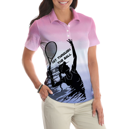Hit Through The Tennis Ball Dip-dyed Pink Short Sleeve Women Polo Shirt, Black And White Girl Plays Tennis Polo Shirts For Ladies, Cool Tennis Gift