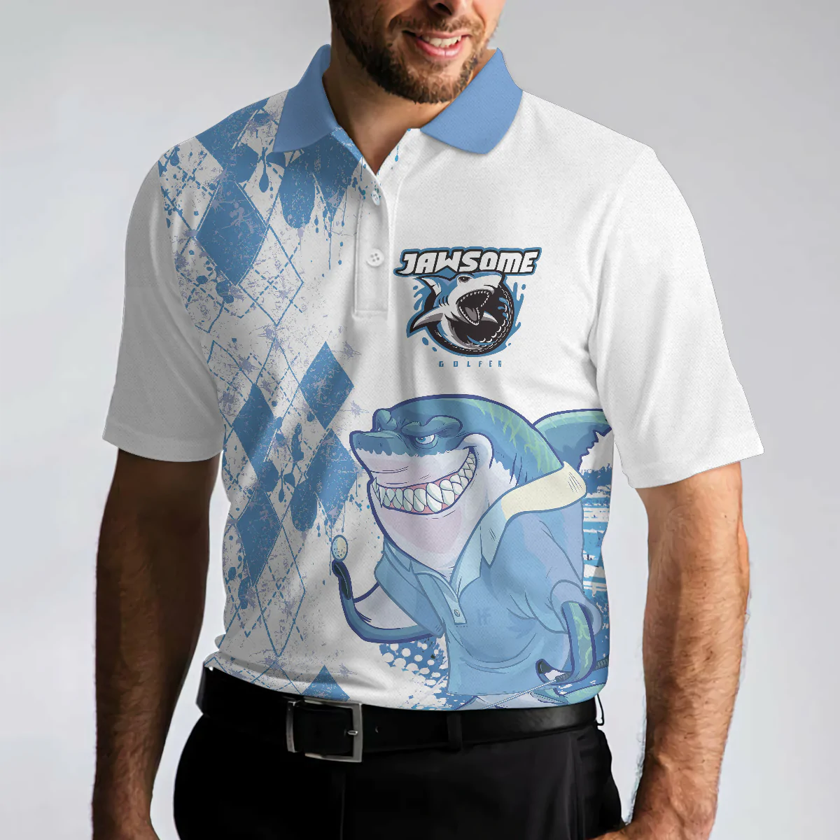 Argyle Pattern American Flag Shark Golfer Men Polo Shirt, Jawsome Golfer Shark Golf Short Sleeve Polo Shirt, Best Golf Shirt For Men