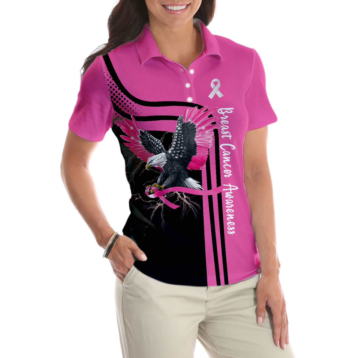 Breast Cancer Awareness Women Polo Shirt, Be Stronger Than The Storm Short Sleeve Shirt For Women, Eagle Awareness Ribbon Polo Shirt For Ladies