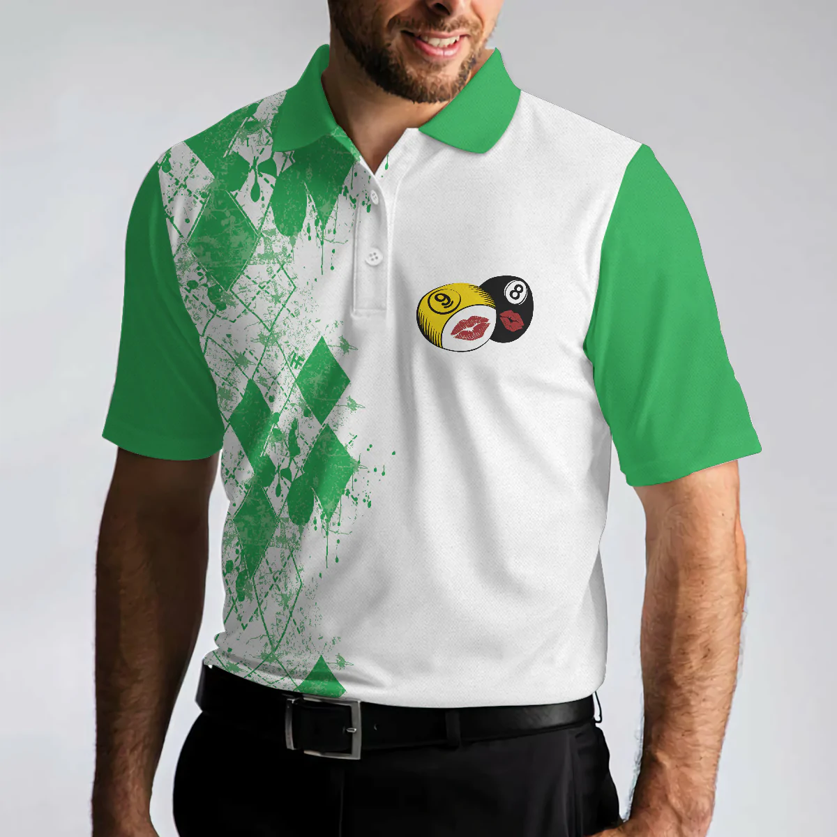 Green Argyle Pattern Billiards Men Polo Shirt, Kiss My Balls For Luck Death Polo Shirt, Polo Style Billiards Shirt For Male, Gift For Billiard Lovers