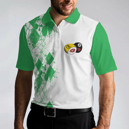 Green Argyle Pattern Billiards Men Polo Shirt, Kiss My Balls For Luck Death Polo Shirt, Polo Style Billiards Shirt For Male, Gift For Billiard Lovers