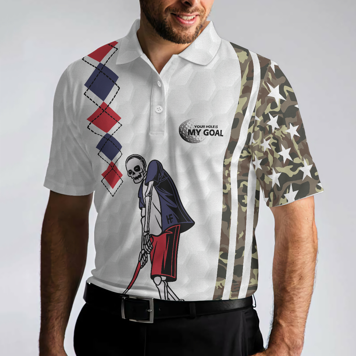 Be Skull And Goal Camouflage Men Polo Shirt, Your Hole Is My Goal Stripes Pattern Shirt, Camo Golf Shirt For Men