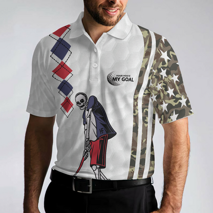 Be Skull And Goal Camouflage Men Polo Shirt, Your Hole Is My Goal Stripes Pattern Shirt, Camo Golf Shirt For Men