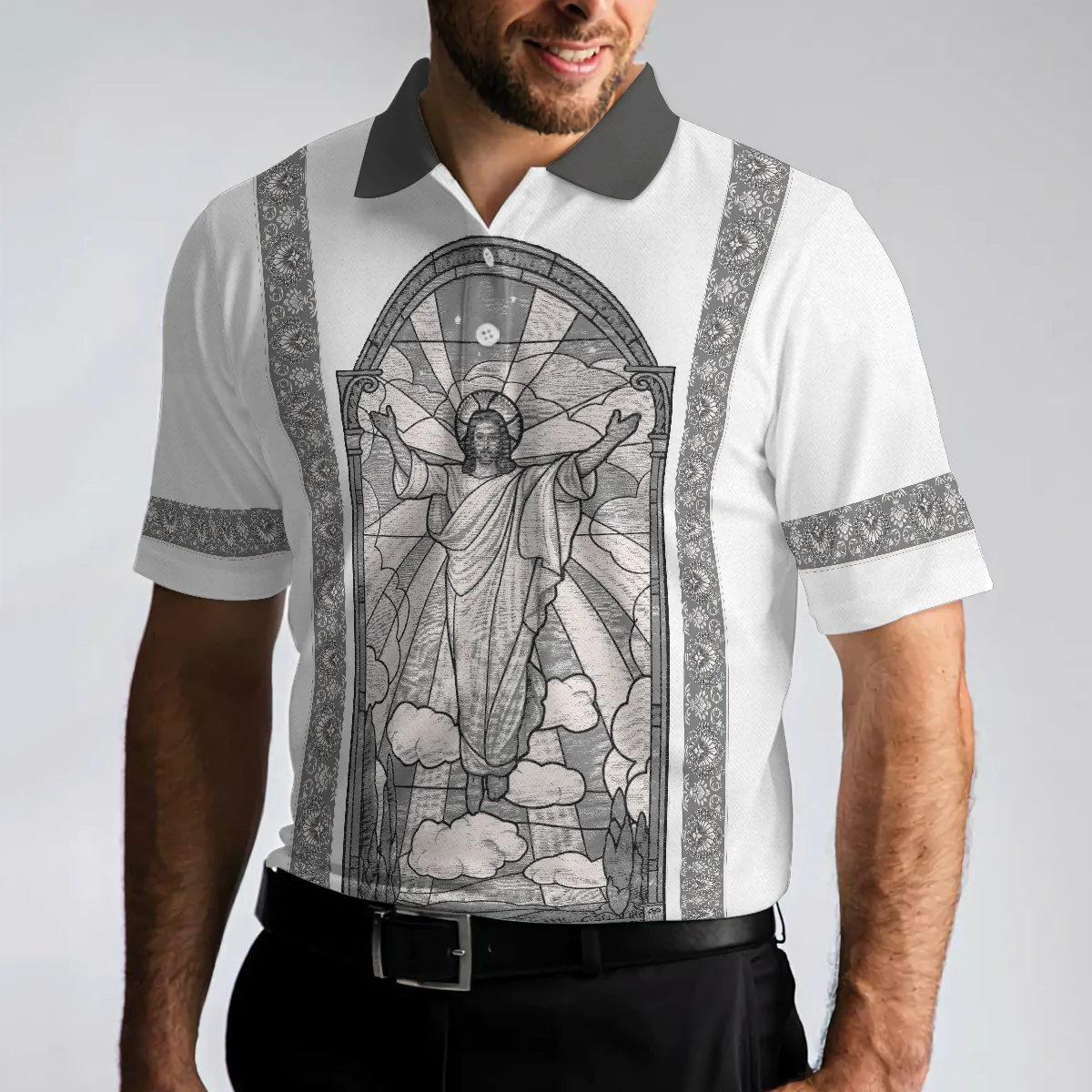 Black And White Jesus Men Polo Shirt, Jesus's Resurrection Egyptian Polo Shirt, Best Christian Shirt For Men