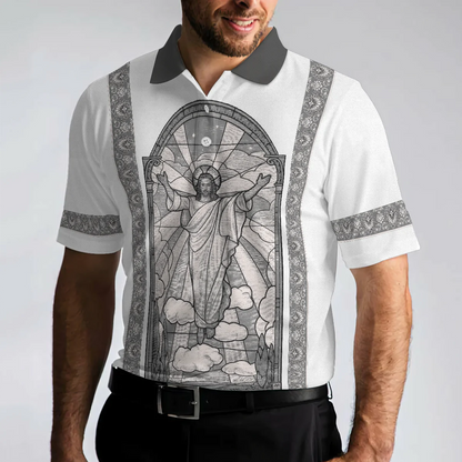 Black And White Jesus Men Polo Shirt, Jesus's Resurrection Egyptian Polo Shirt, Best Christian Shirt For Men